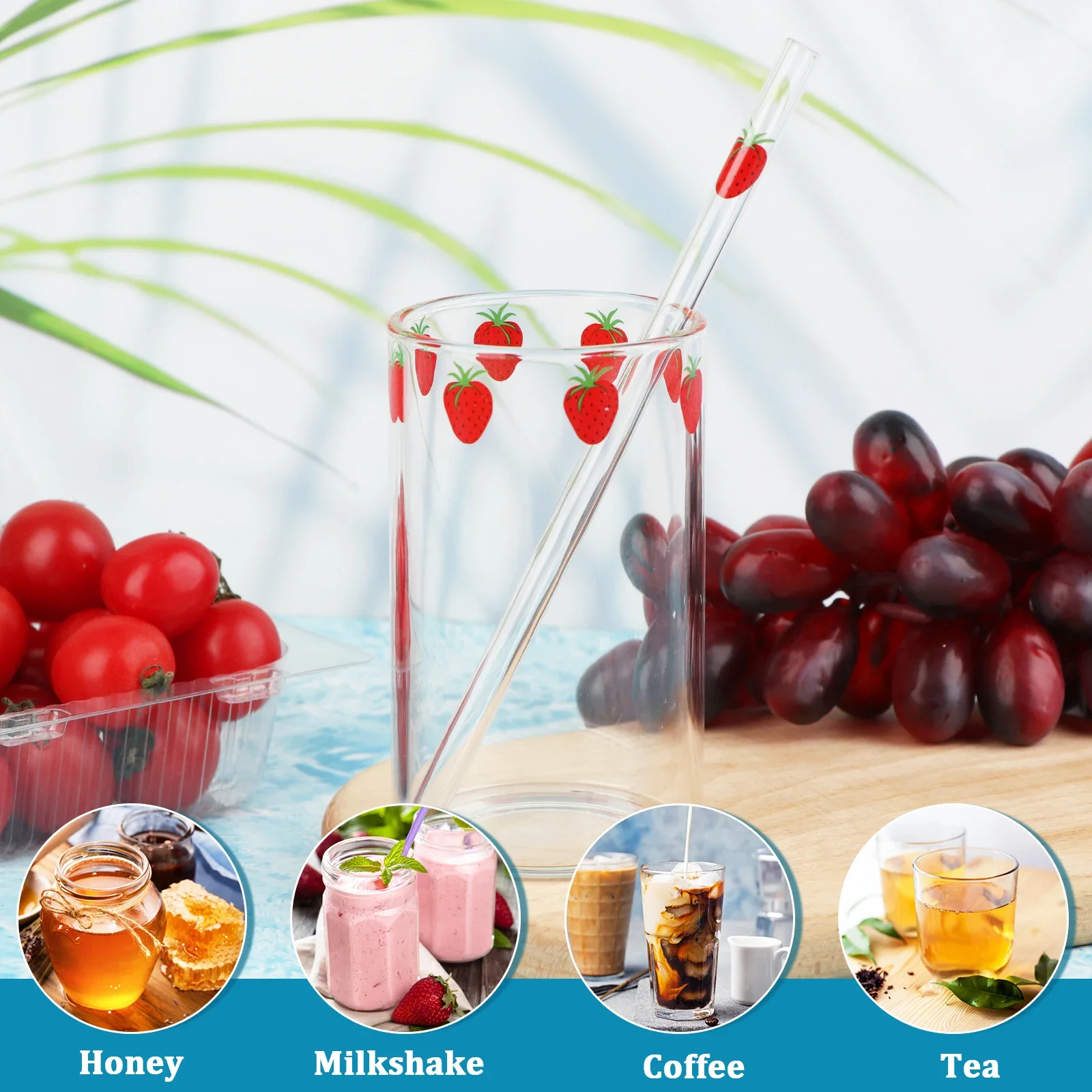 1-6pcs 300ml Strawberry Coffee Mugs Cute Glass Cup with Straw Creative Transparent Water Drinking Student Milk Gift Drinkware