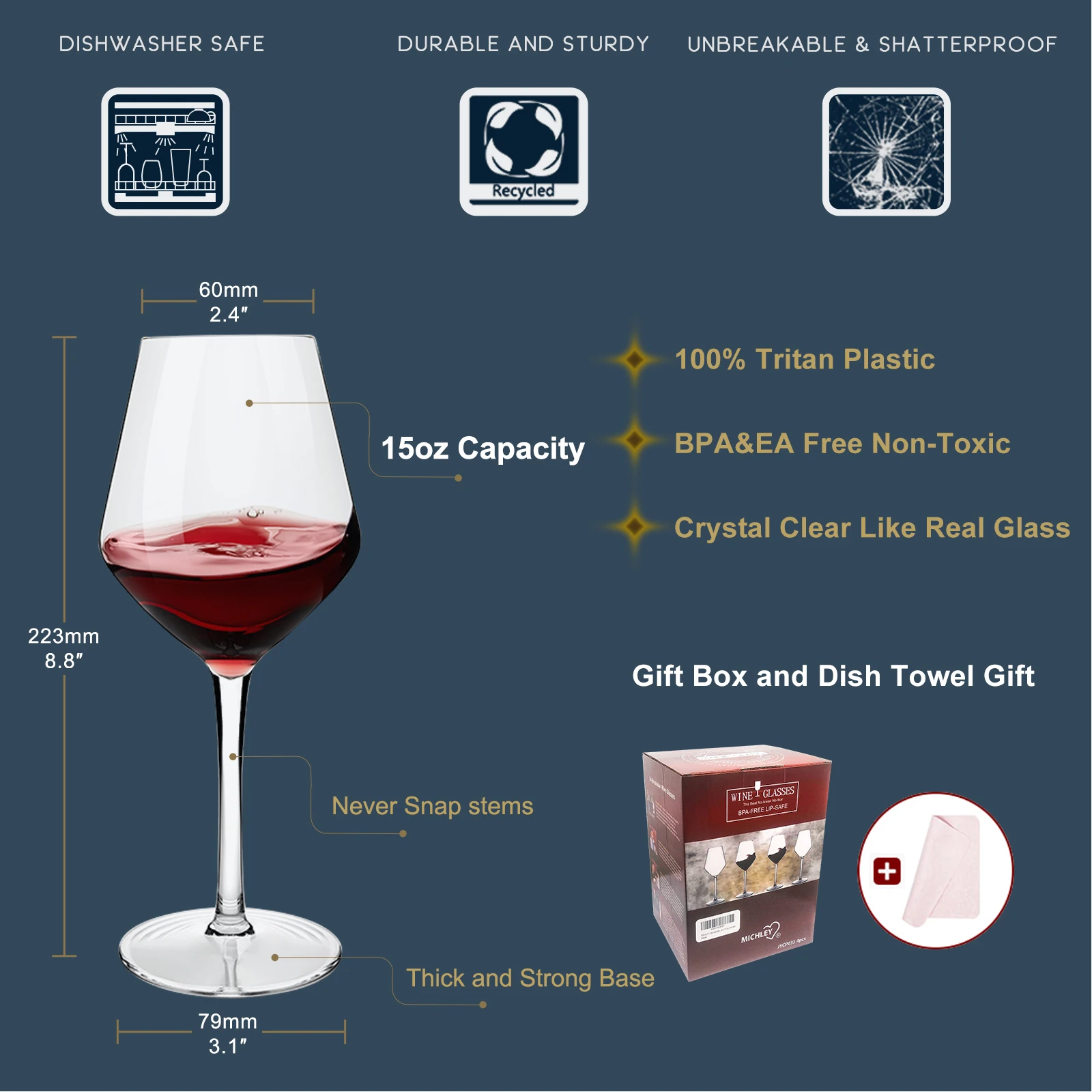 MICHLEY 15oz Unbreakable Tritan Plastic Wine Glass Picnic Set Reusable Luxury Glassware For Party Barware Outdoor Dishwasher