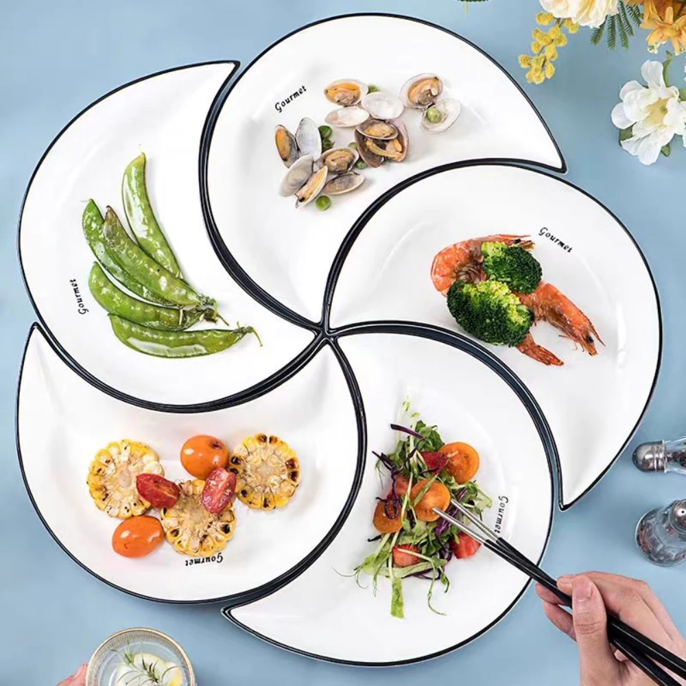 5 Piece Reunion Ceramic Dinnerware Set Moon Shaped Hot Pot Plate Flexible Combination of Plates According to Food Consumption 5 Piece Reunion Ceramic Dinnerware Set Moon Shaped Hot Pot Plate Flexible Combination of Plates According to Food Consumption