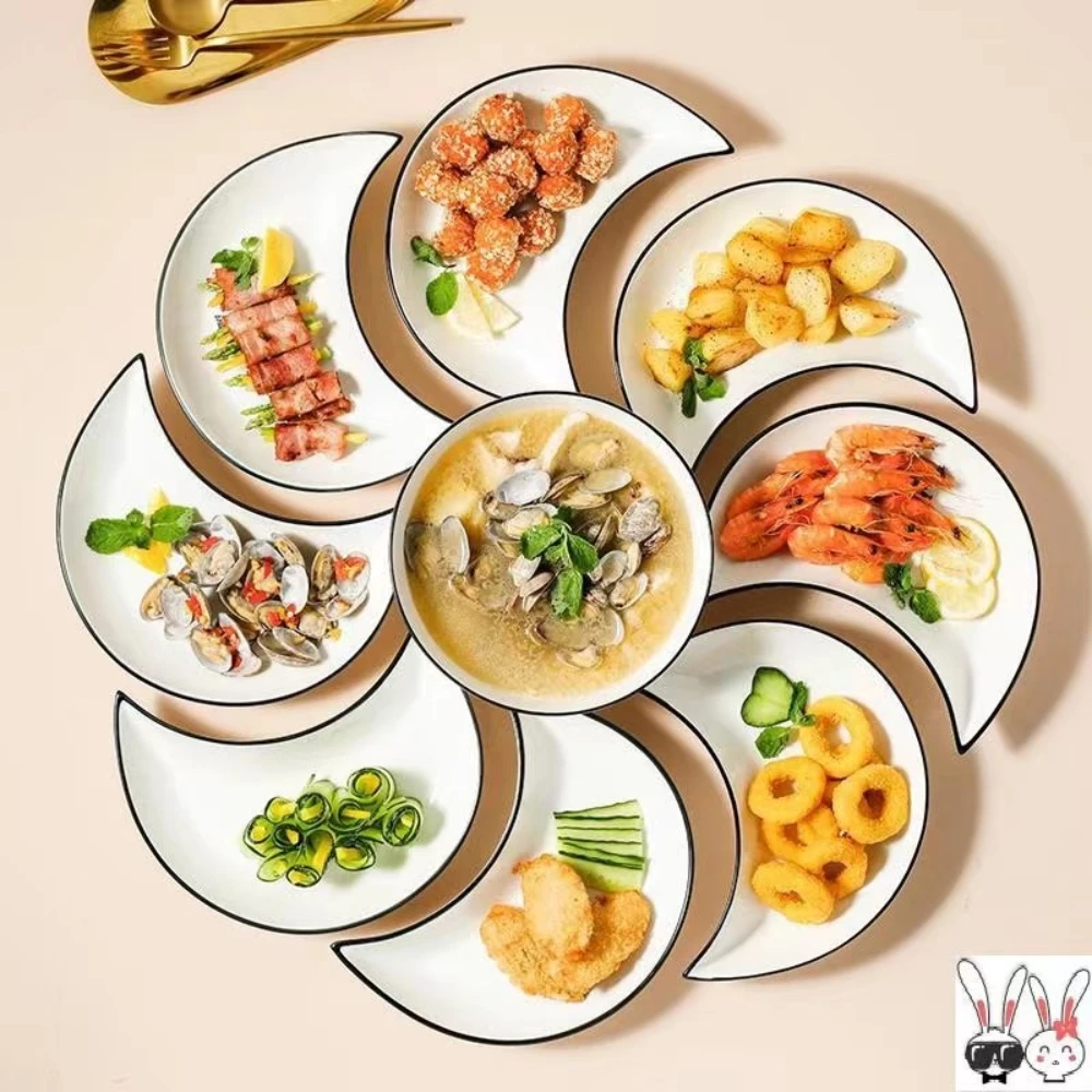 5 Piece Reunion Ceramic Dinnerware Set Moon Shaped Hot Pot Plate Flexible Combination of Plates According to Food Consumption 5 Piece Reunion Ceramic Dinnerware Set Moon Shaped Hot Pot Plate Flexible Combination of Plates According to Food Consumption