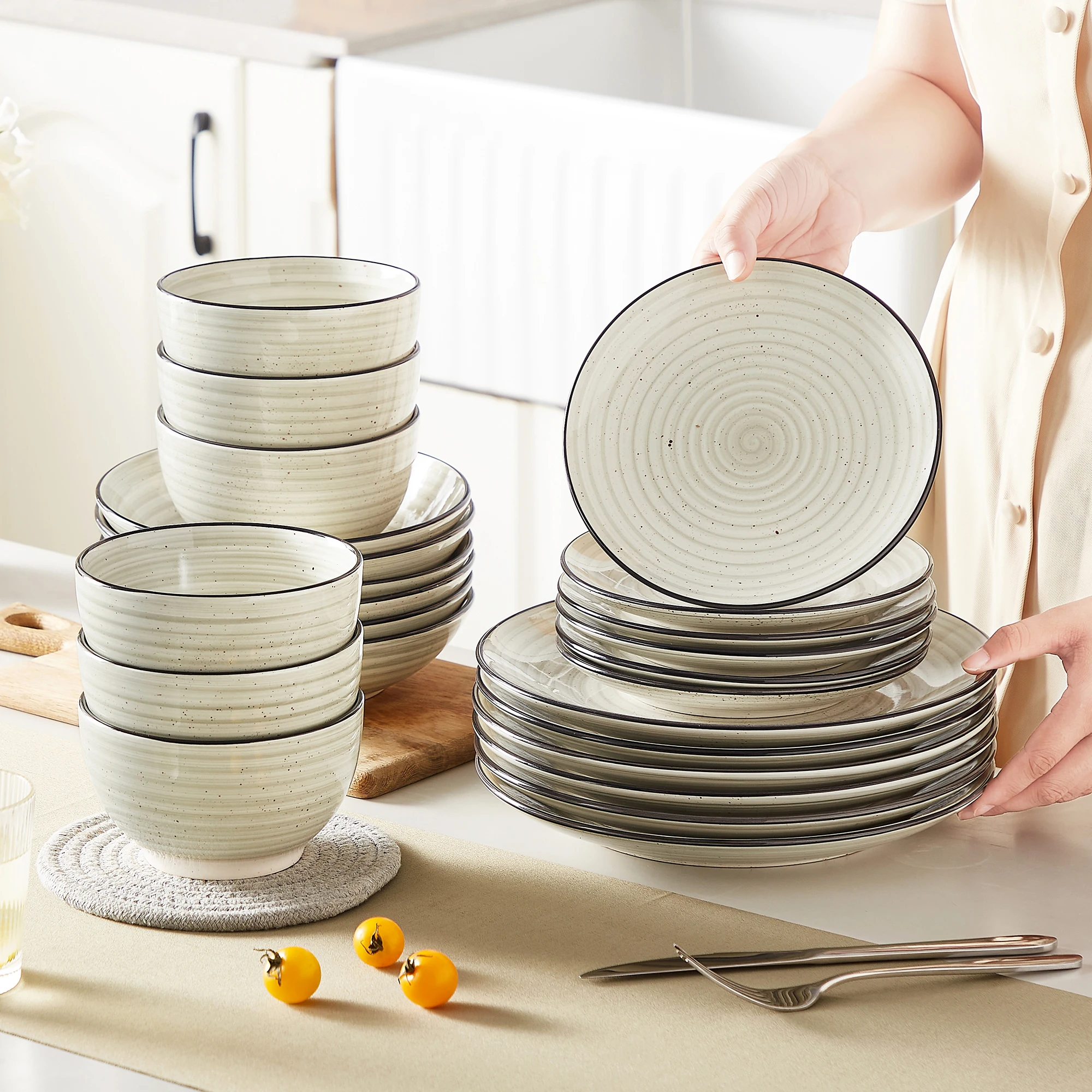 Vancasso 24/48 Piece Beige Plates Dinner Sets Ceramic Dinnerware Sets Handpainted Spiral With 6 Dinner Plate/Dessert/Soup/Bowl