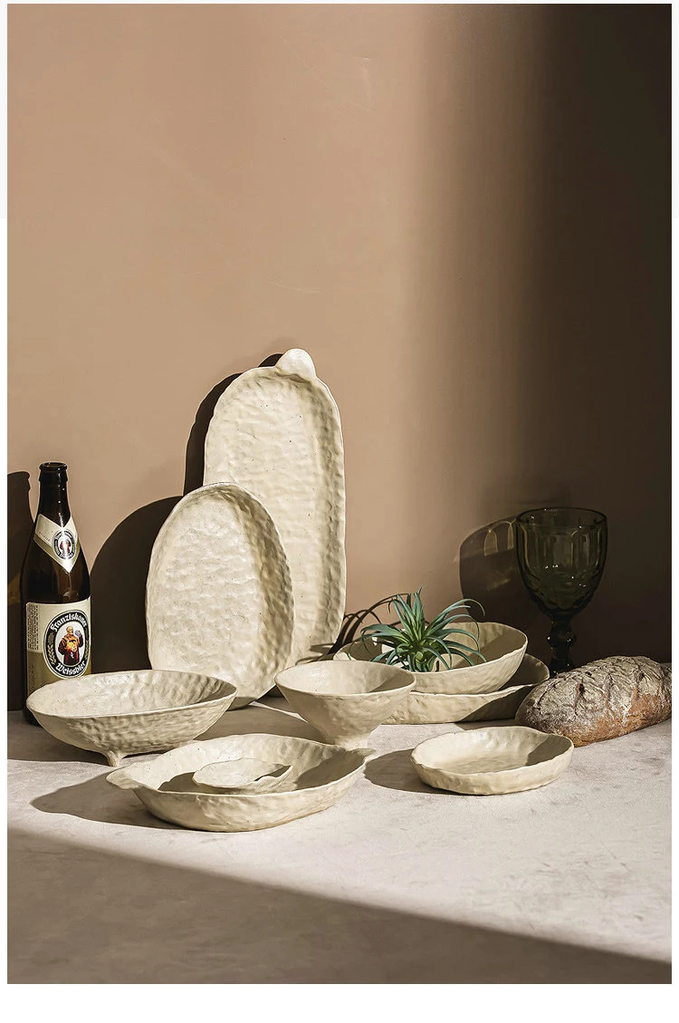 Creative Irregular Dishes and Plates Sets Vintage Hand Pinch Texture Tableware Feature Hotel Dinner Plates Dessert Bowl Home