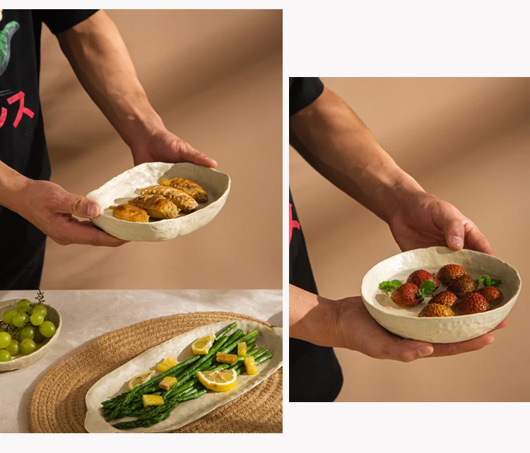 Creative Irregular Dishes and Plates Sets Vintage Hand Pinch Texture Tableware Feature Hotel Dinner Plates Dessert Bowl Home