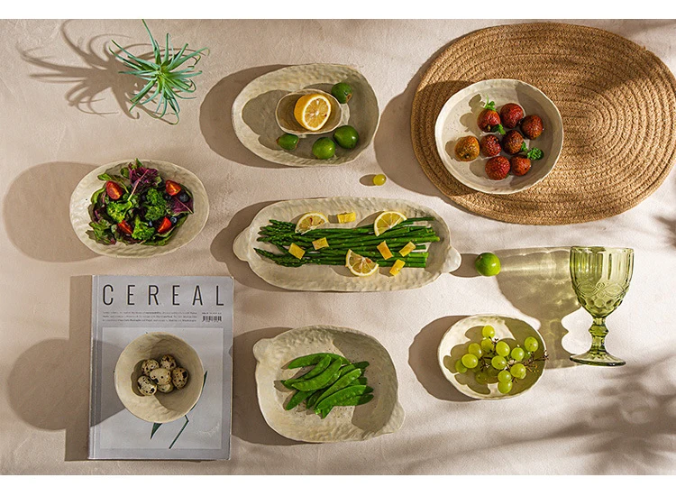 Creative Irregular Dishes and Plates Sets Vintage Hand Pinch Texture Tableware Feature Hotel Dinner Plates Dessert Bowl Home