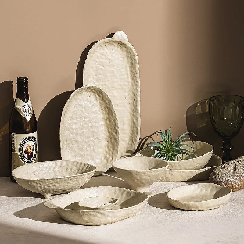 Creative Irregular Dishes and Plates Sets Vintage Hand Pinch Texture Tableware Feature Hotel Dinner Plates Dessert Bowl Home