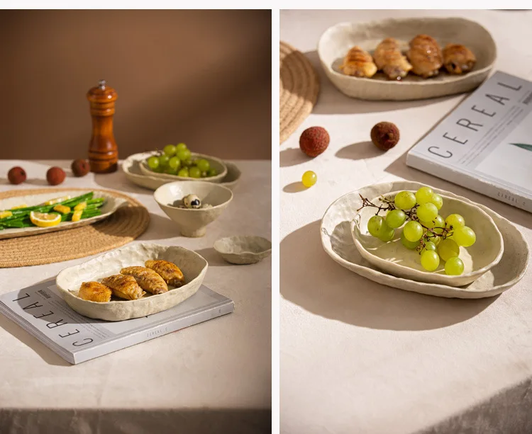 Creative Irregular Dishes and Plates Sets Vintage Hand Pinch Texture Tableware Feature Hotel Dinner Plates Dessert Bowl Home