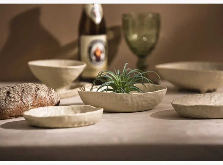 Creative Irregular Dishes and Plates Sets Vintage Hand Pinch Texture Tableware Feature Hotel Dinner Plates Dessert Bowl Home