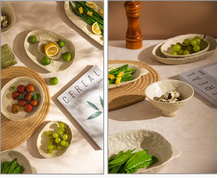 Creative Irregular Dishes and Plates Sets Vintage Hand Pinch Texture Tableware Feature Hotel Dinner Plates Dessert Bowl Home