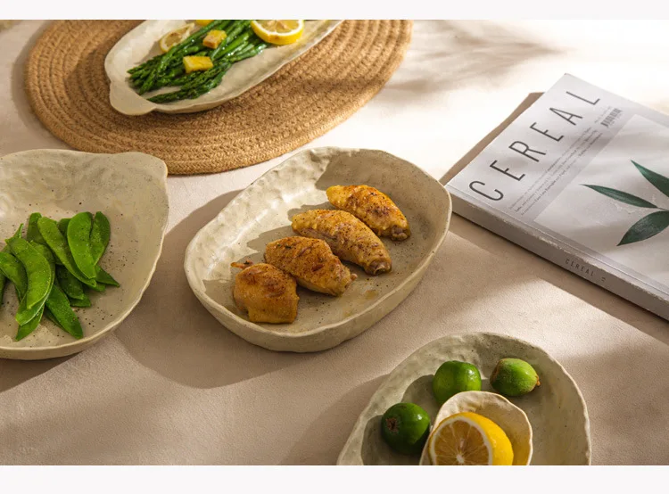Creative Irregular Dishes and Plates Sets Vintage Hand Pinch Texture Tableware Feature Hotel Dinner Plates Dessert Bowl Home