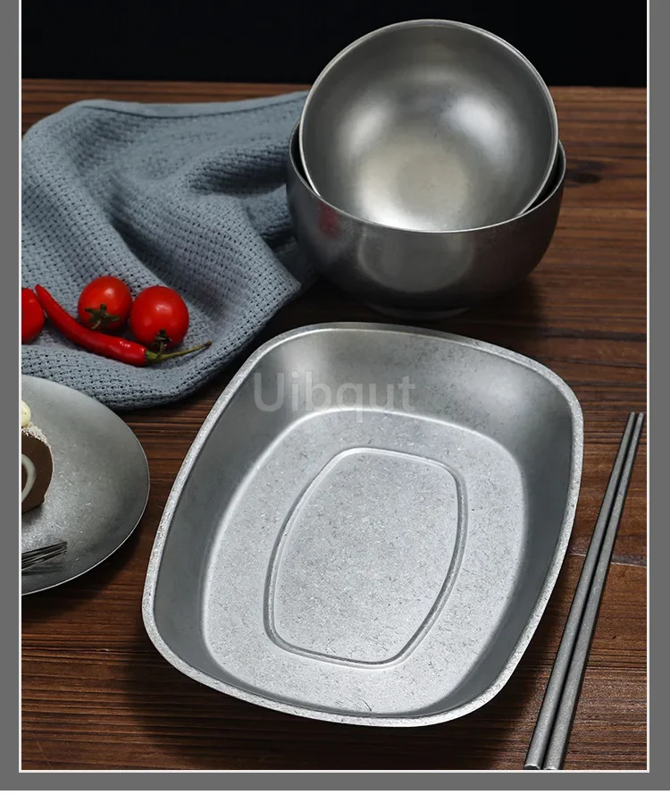new Retro Cutlery Set Plates Dinnerware Bowls Dining Plates Stainless Steel Western Food Plates steak tray smakk dish Cutlery