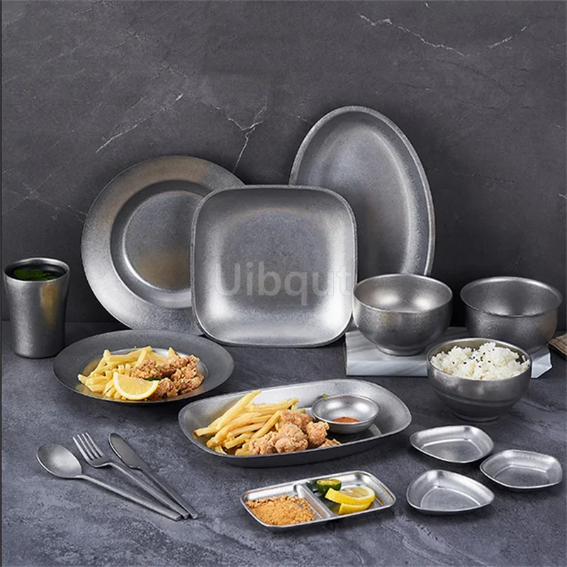 new Retro Cutlery Set Plates Dinnerware Bowls Dining Plates Stainless Steel Western Food Plates steak tray smakk dish Cutlery