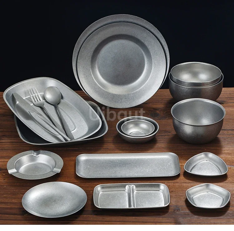 new Retro Cutlery Set Plates Dinnerware Bowls Dining Plates Stainless Steel Western Food Plates steak tray smakk dish Cutlery