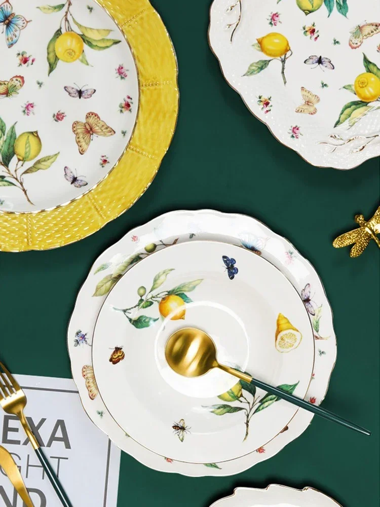Europeanc Style Ceramic Dining Plate Elegant Lemon Pattern Dinner Steak Plate Coffee Cup Set Western Cuisine Dessert Plate