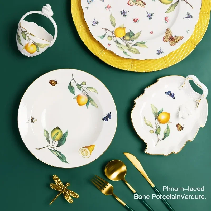 Europeanc Style Ceramic Dining Plate Elegant Lemon Pattern Dinner Steak Plate Coffee Cup Set Western Cuisine Dessert Plate Europeanc Style Ceramic Dining Plate Elegant Lemon Pattern Dinner Steak Plate Coffee Cup Set Western Cuisine Dessert Plate