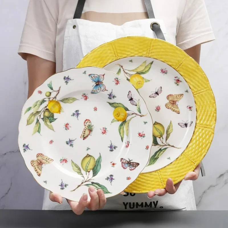 Europeanc Style Ceramic Dining Plate Elegant Lemon Pattern Dinner Steak Plate Coffee Cup Set Western Cuisine Dessert Plate Europeanc Style Ceramic Dining Plate Elegant Lemon Pattern Dinner Steak Plate Coffee Cup Set Western Cuisine Dessert Plate