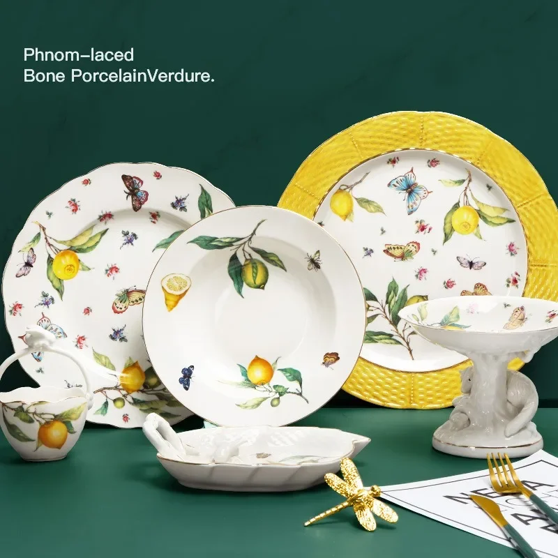 Europeanc Style Ceramic Dining Plate Elegant Lemon Pattern Dinner Steak Plate Coffee Cup Set Western Cuisine Dessert Plate Europeanc Style Ceramic Dining Plate Elegant Lemon Pattern Dinner Steak Plate Coffee Cup Set Western Cuisine Dessert Plate